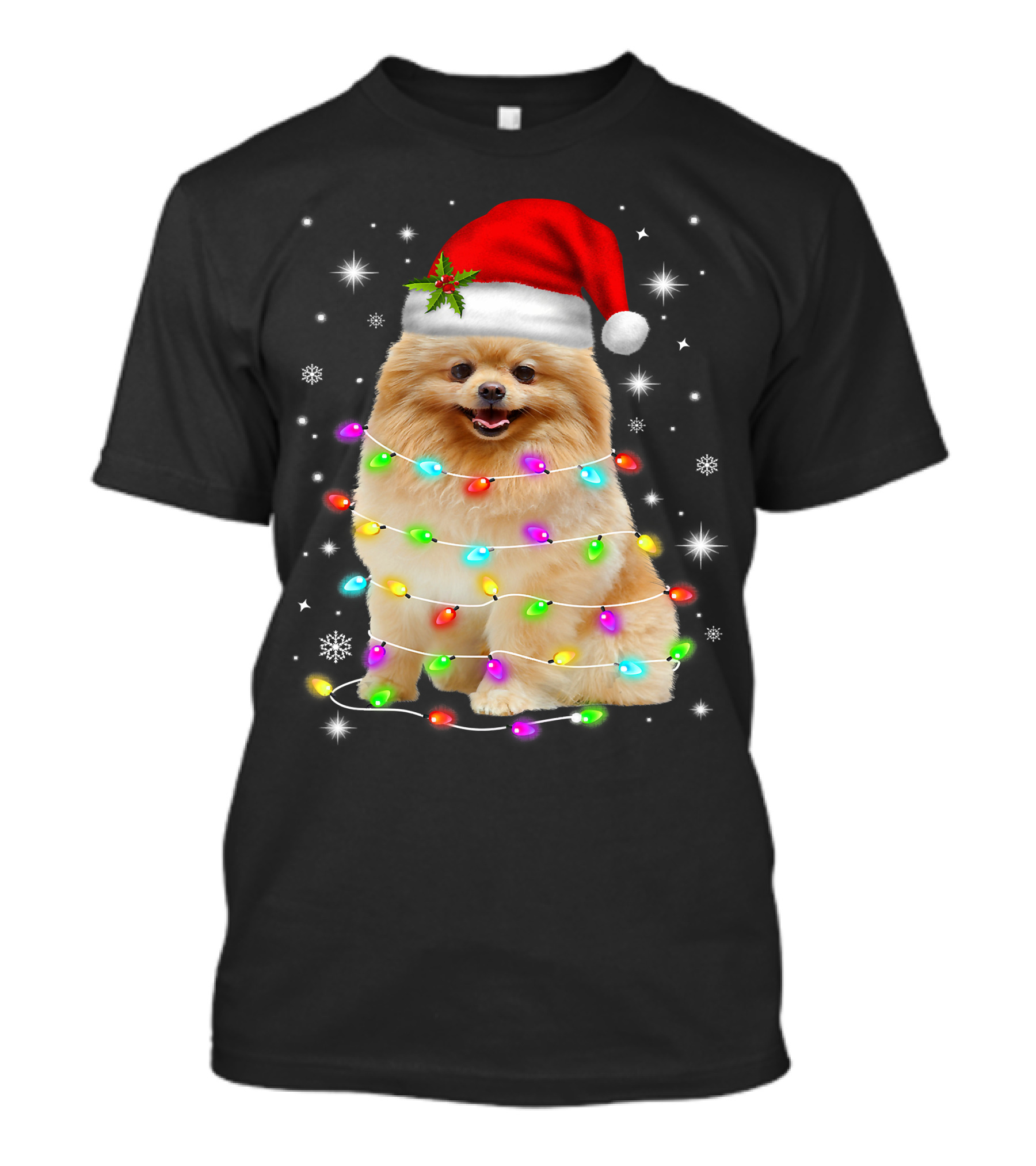 Pomeranian Pup Wrapped In Christmas Lights With Santa Hat And Festive Glow T-Shirt