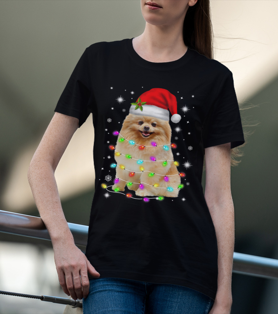 Pomeranian Pup Wrapped In Christmas Lights With Santa Hat And Festive Glow T-Shirt
