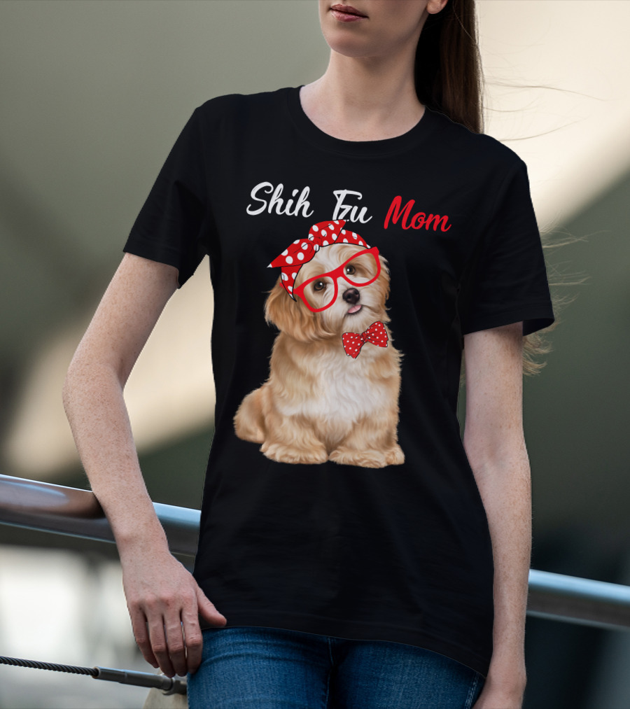 Shih Tzu Mom Red Glasses And Polka Dot Bow Accessories T-Shirt