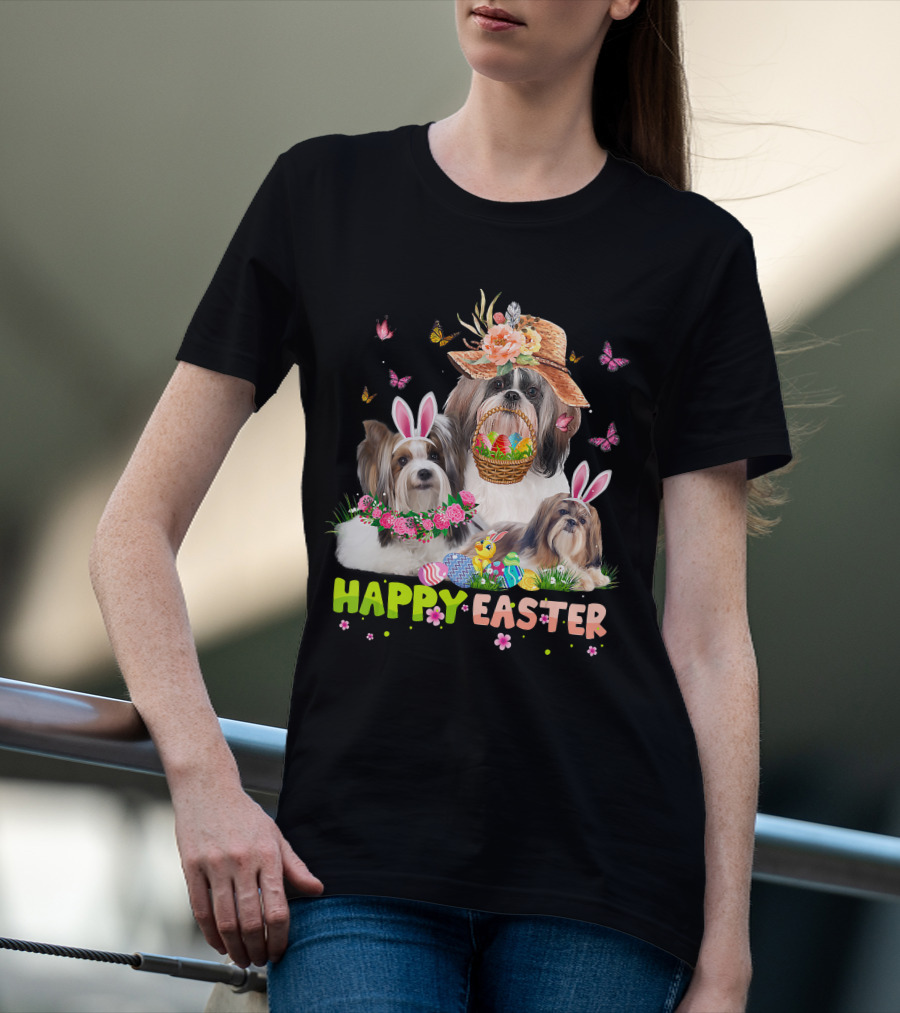 Shih Tzu Dogs With Bunny Ears And Easter Eggs Celebrating Happy Easter T-Shirt