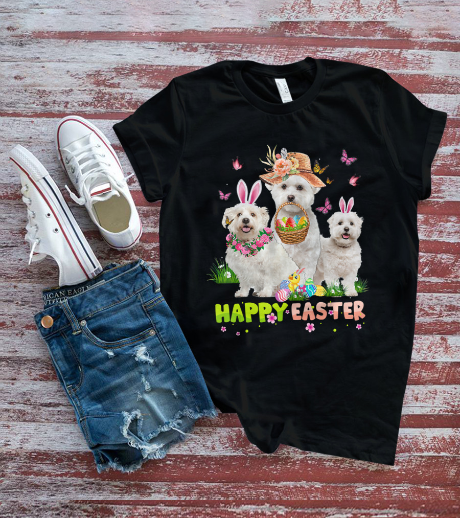 Happy Easter Maltese Dogs Bunny Ears Basket Eggs Butterflies T-Shirt