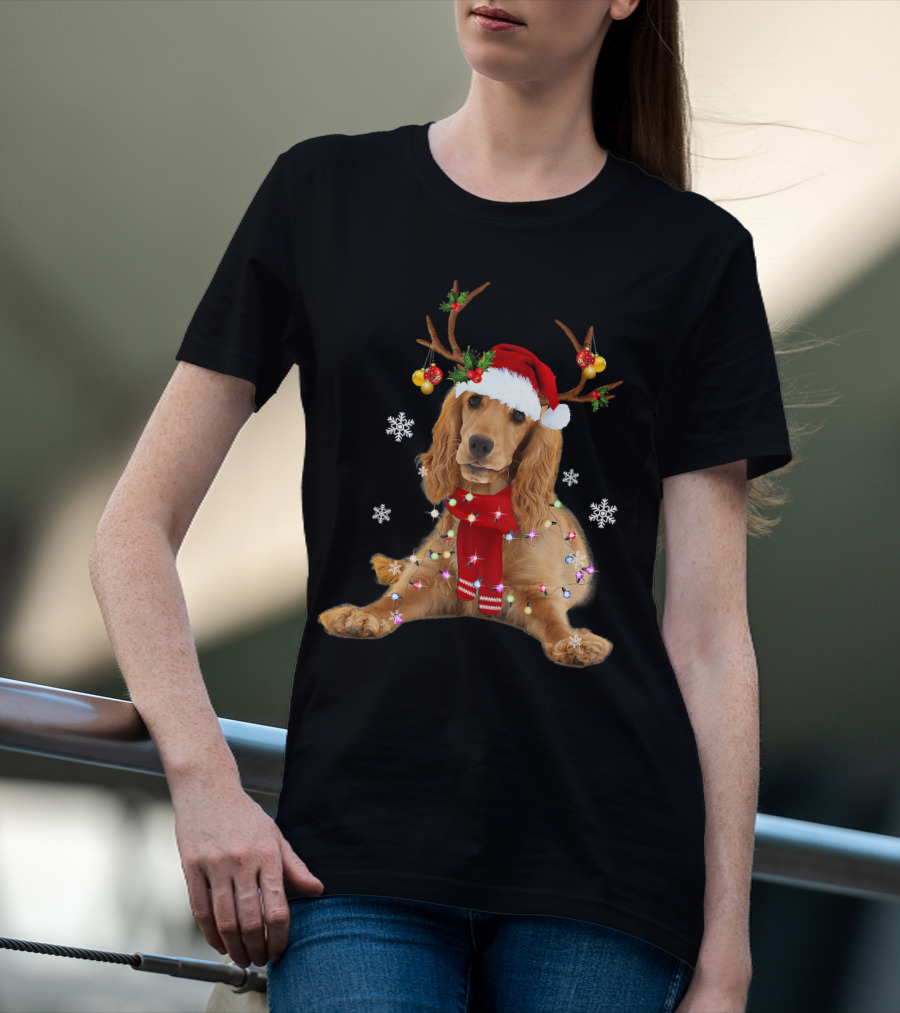 Cocker Spaniel In Santa Hat With Christmas Lights And Reindeer Antlers T-Shirt