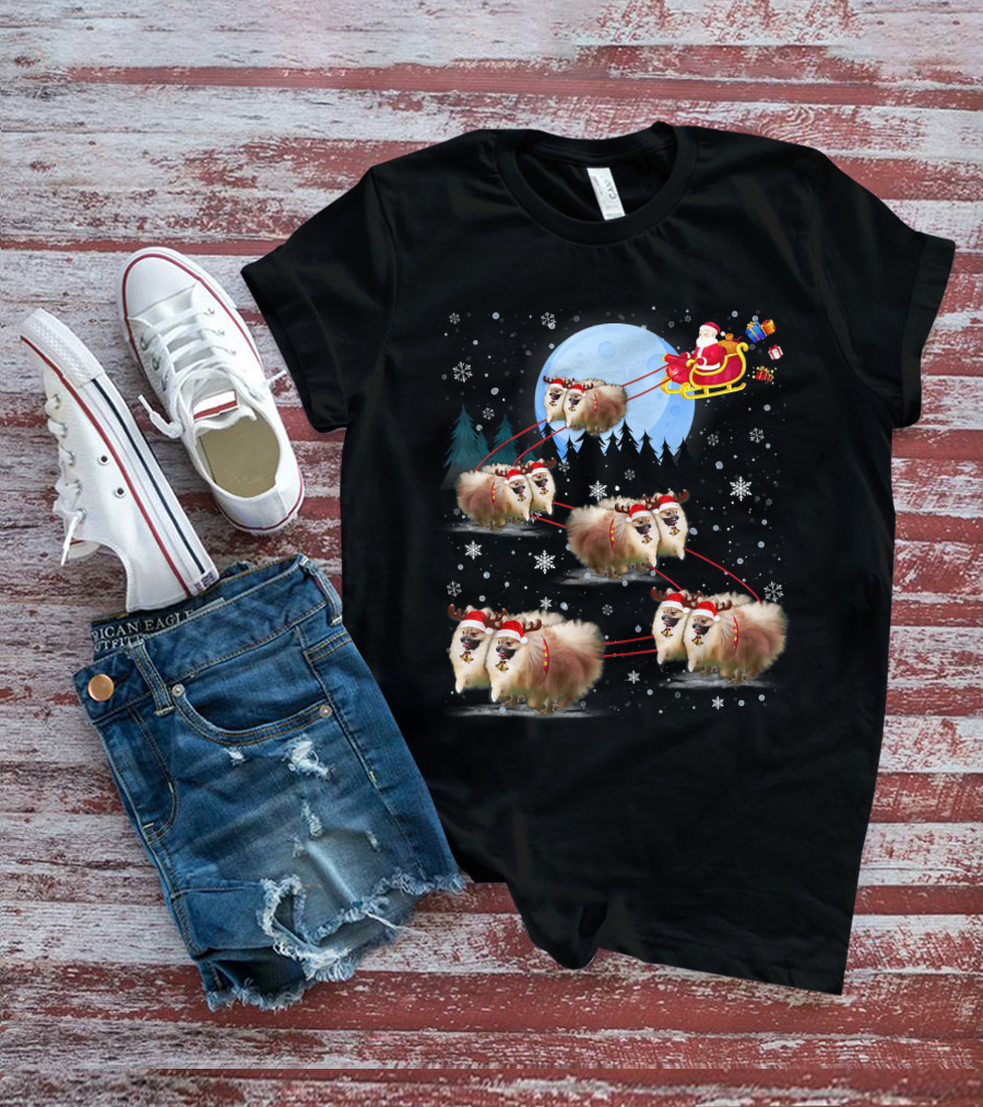 Pomeranian Reindeer Santa Sleigh Christmas Under Moonlight T-Shirt