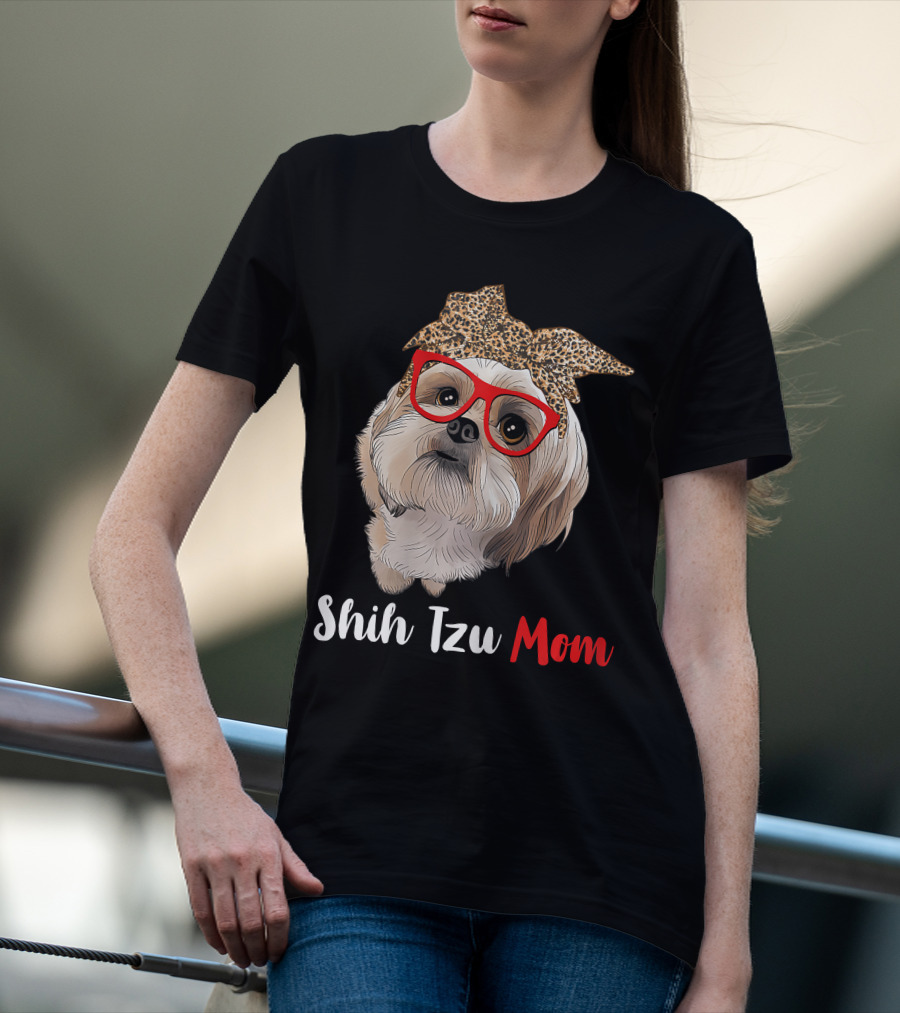 Shih Tzu Mom Leopard Print Bow Cute Dog Lover Red Glasses T-Shirt