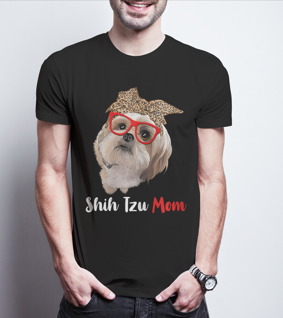 Shih Tzu Mom Leopard Print Bow Cute Dog Lover Red Glasses T-Shirt