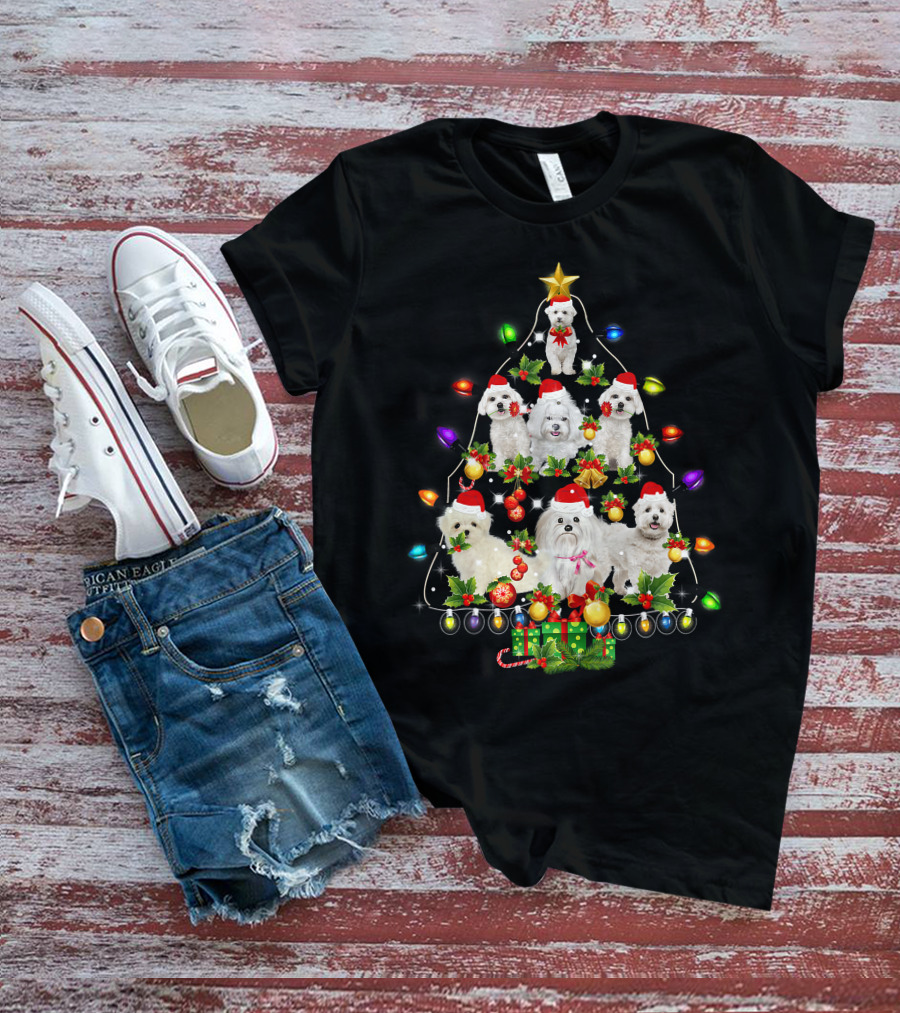 Maltese Christmas Tree Santa Funny Dogs Lights Holiday T-Shirt
