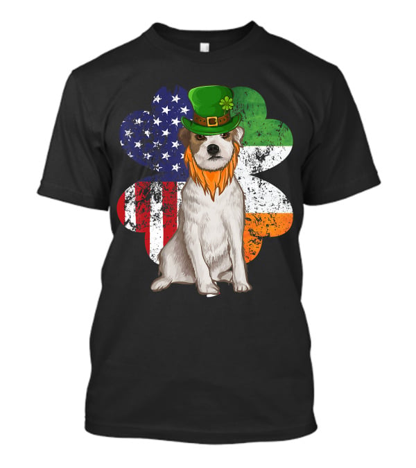 Irish American Parson Terrier Wearing Leprechaun Hat With USA And Ireland Flags Shamrock St. Patrick's Day T-Shirt