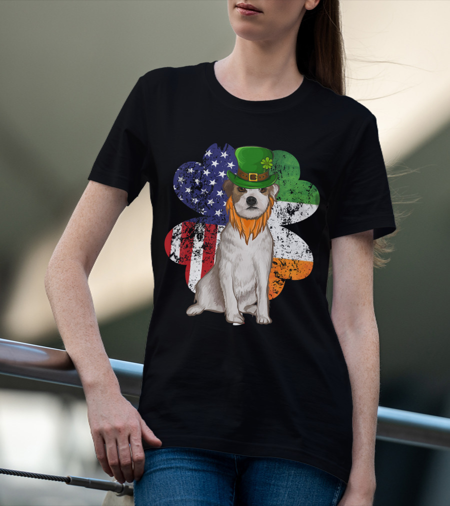 Irish American Parson Terrier Wearing Leprechaun Hat With USA And Ireland Flags Shamrock St. Patrick's Day T-Shirt