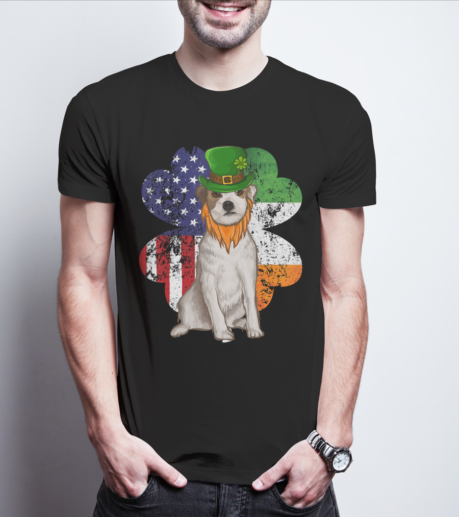 Irish American Parson Terrier Wearing Leprechaun Hat With USA And Ireland Flags Shamrock St. Patrick's Day T-Shirt