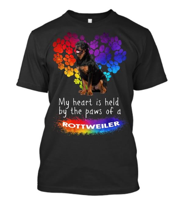 My Heart Is Held By The Paws Of A Rottweiler Rainbow Paw Print Heart T-Shirt