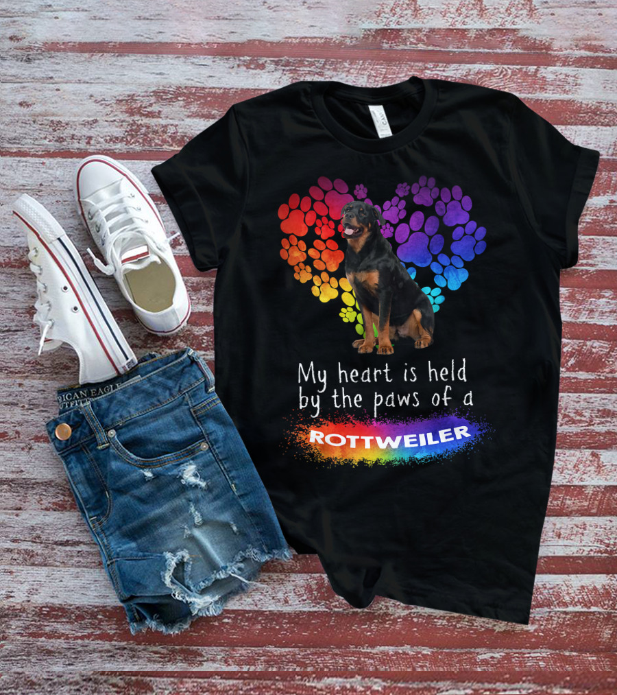 My Heart Is Held By The Paws Of A Rottweiler Rainbow Paw Print Heart T-Shirt