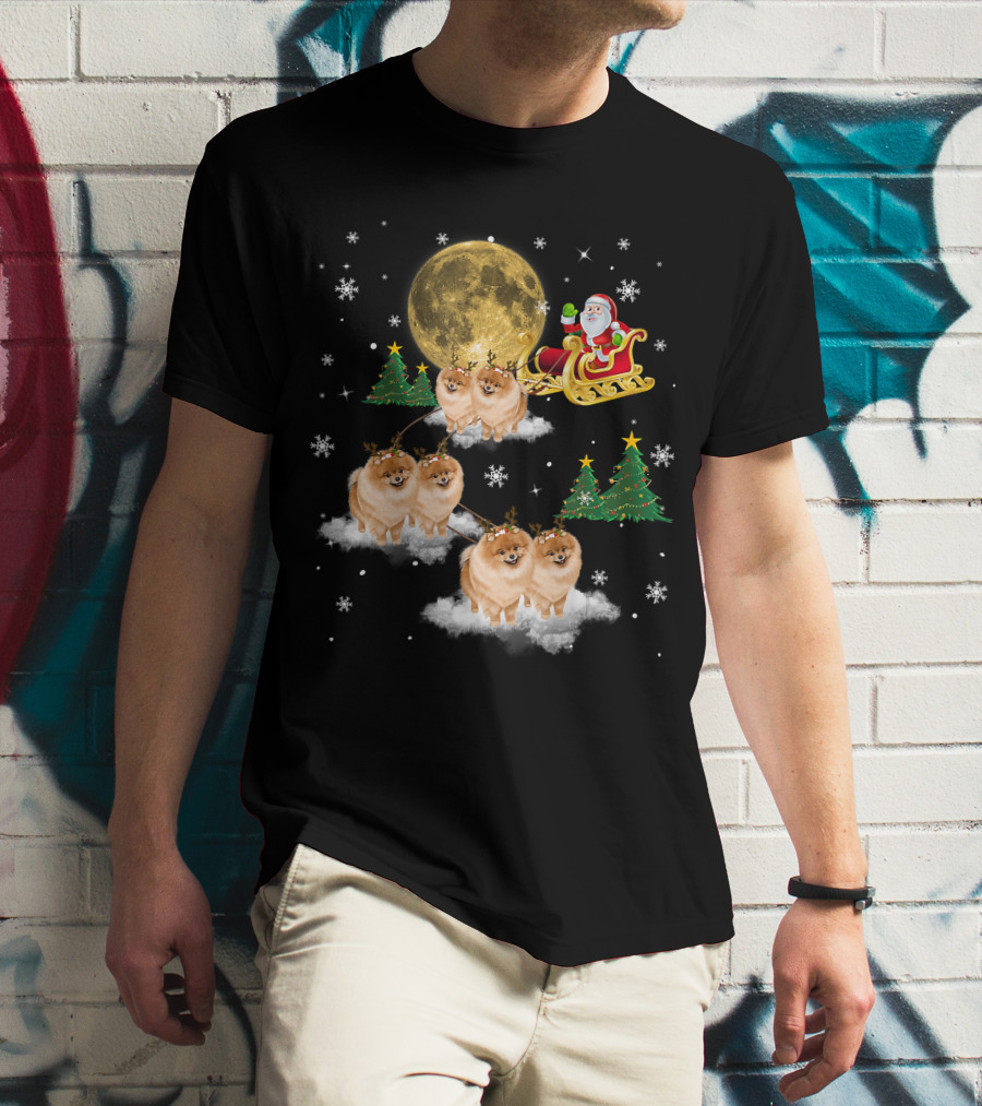Pomeranian Christmas Santa Sled With Reindeer Funny Dog Love T-Shirt