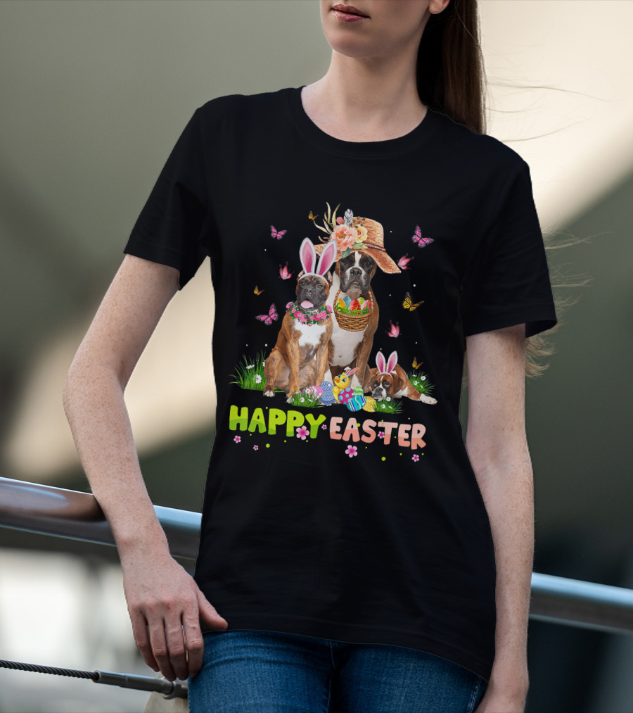 Boxer Dog Happy Easter Bunny Hat Eggs Butterflies T-Shirt