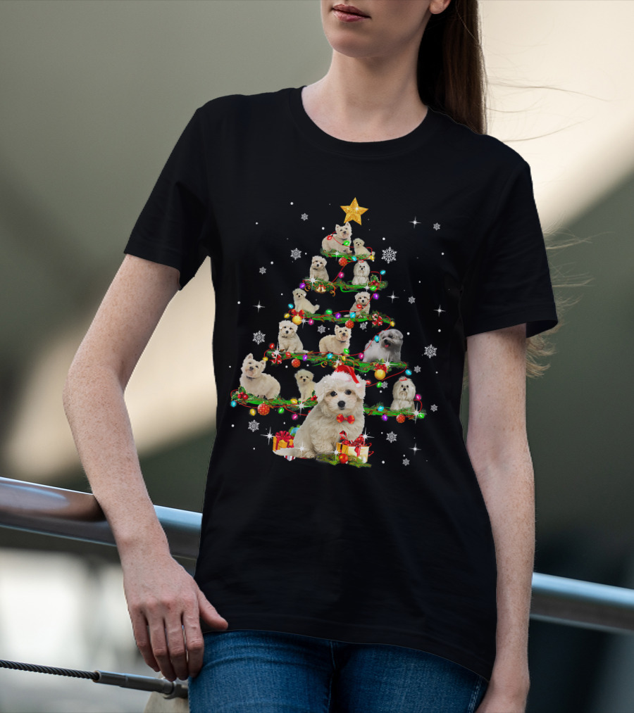 Maltese Christmas Tree With Santa Hat And Paw Up T-Shirt