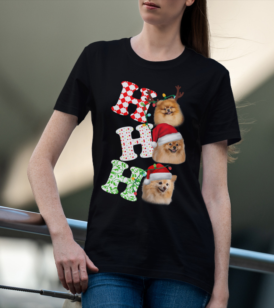 Ho Ho Ho Pomeranian Santa Hat Reindeer Antlers Christmas T-Shirt