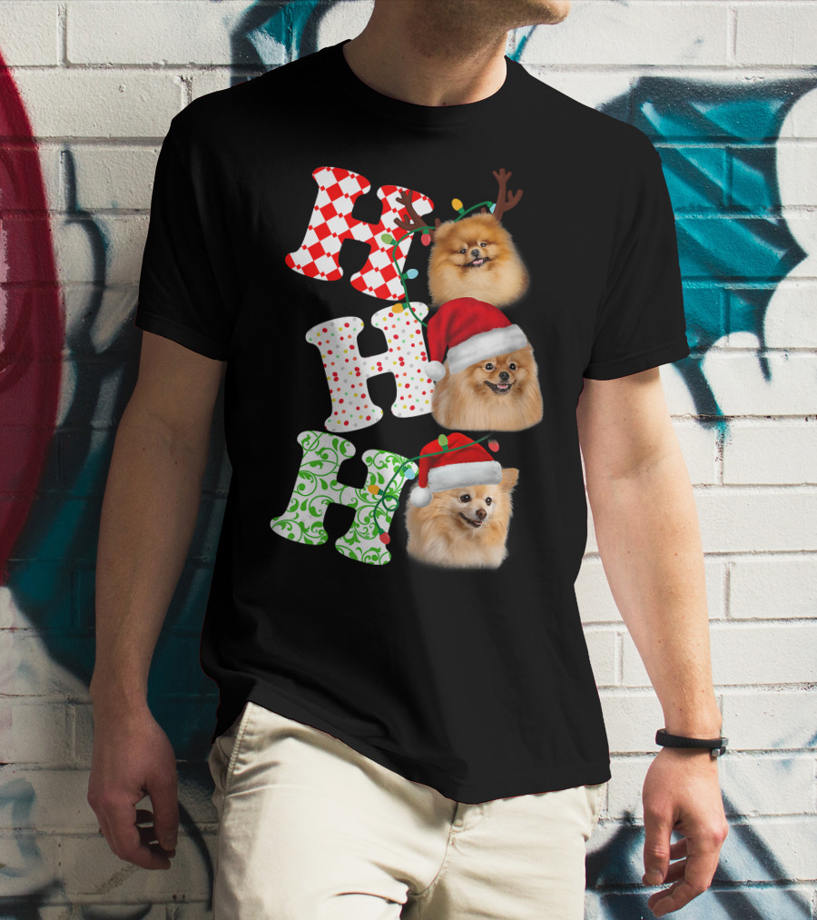Ho Ho Ho Pomeranian Santa Hat Reindeer Antlers Christmas T-Shirt