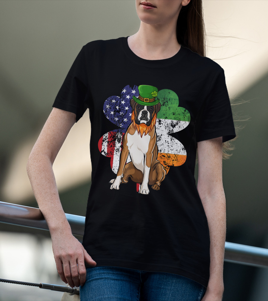 St Patricks Day Boxer Dog With Irish American Flag Shamrock T-Shirt