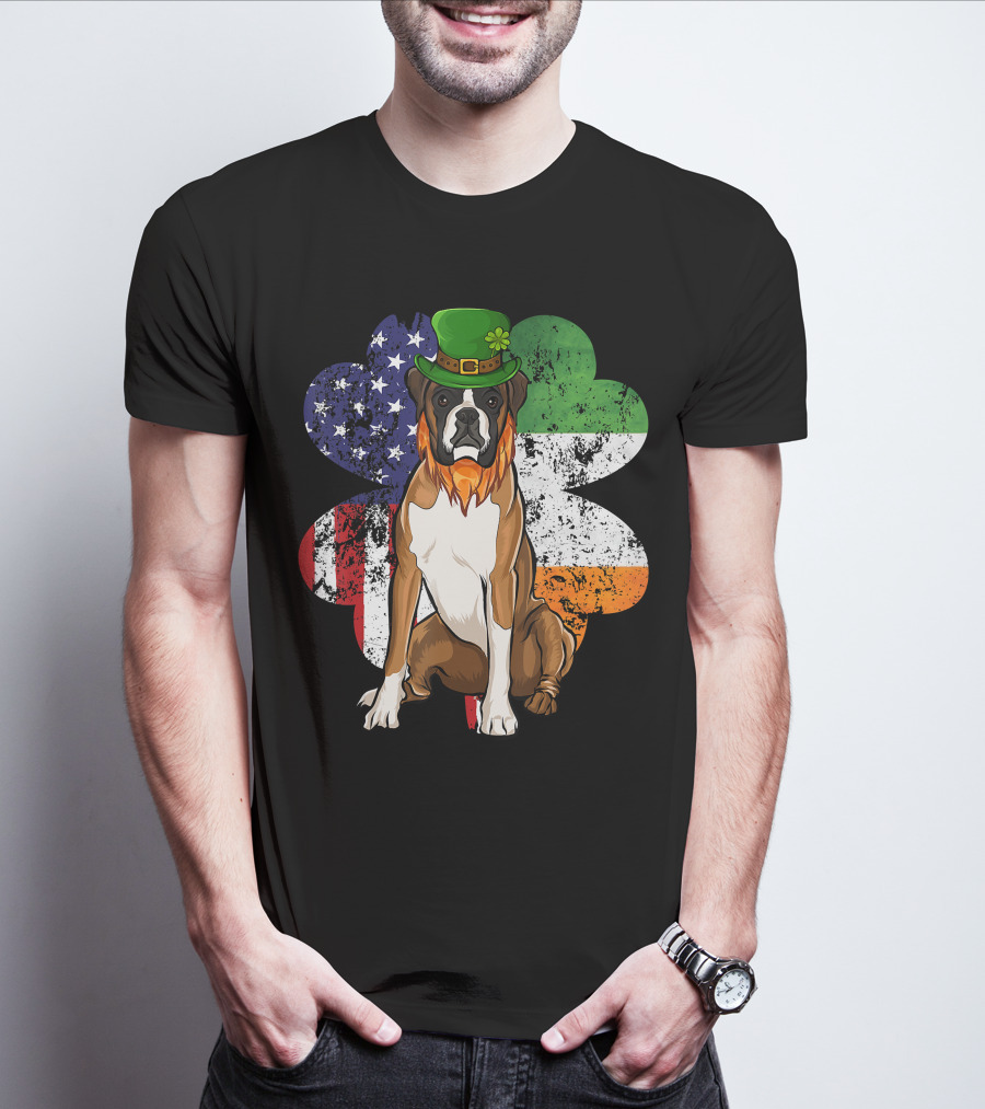 St Patricks Day Boxer Dog With Irish American Flag Shamrock T-Shirt