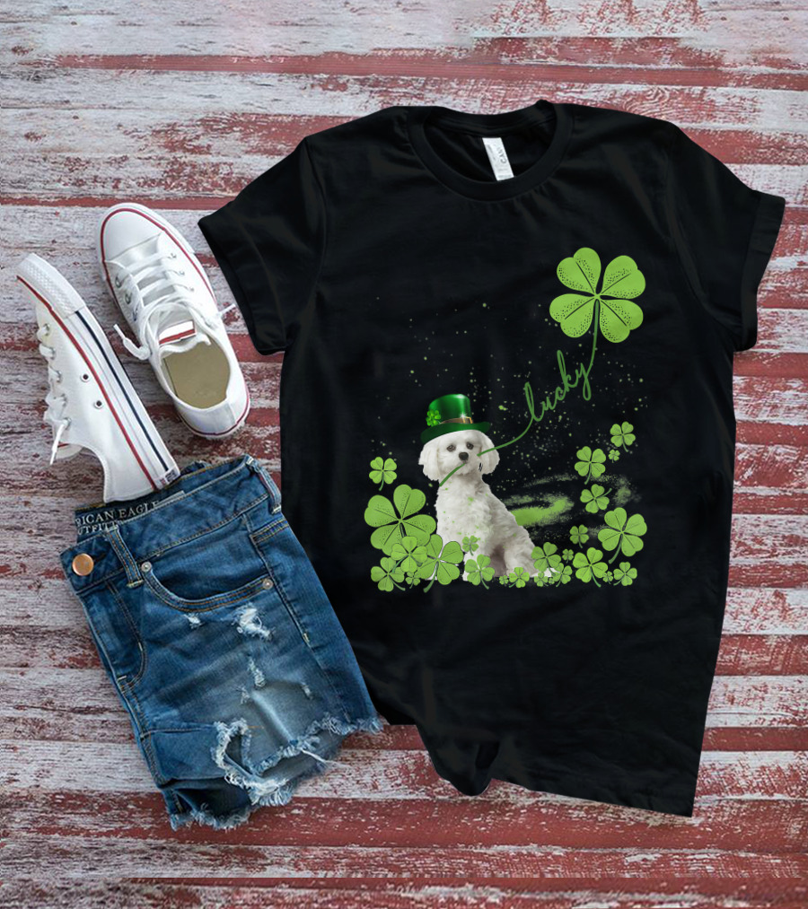 Lucky Shamrock Maltese Dog St Patrick's Day T-Shirt