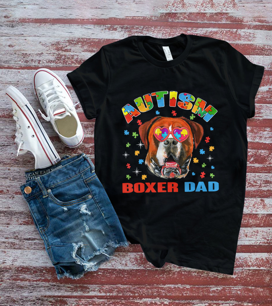 Autism Awareness Boxer Dog Dad With Heart Puzzle Glasses T-Shirt