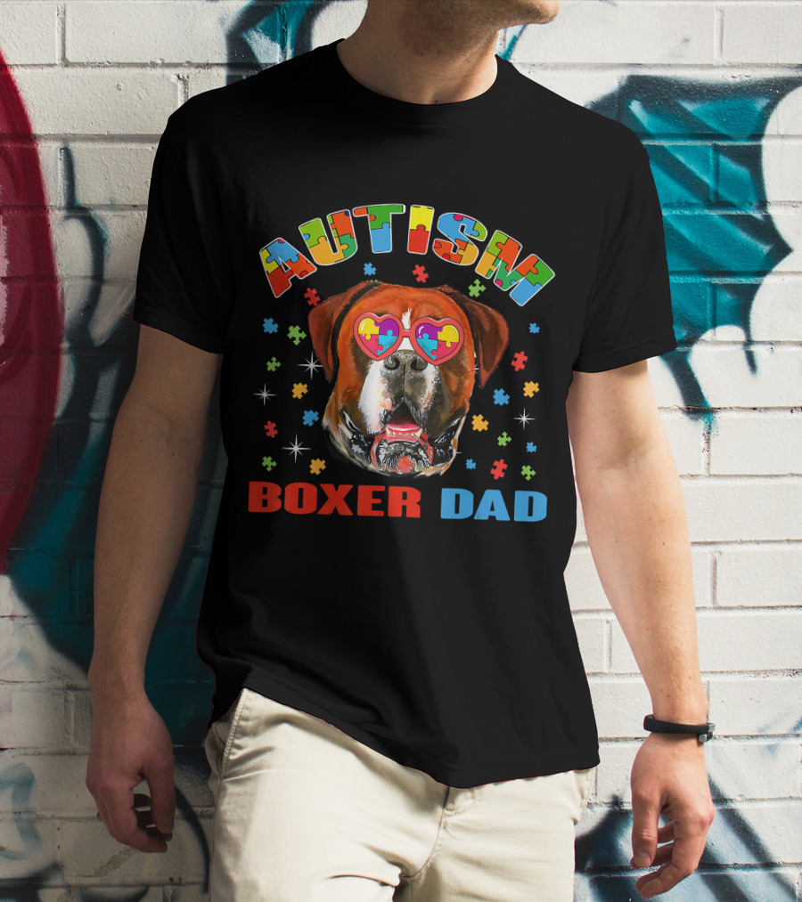 Autism Awareness Boxer Dog Dad With Heart Puzzle Glasses T-Shirt