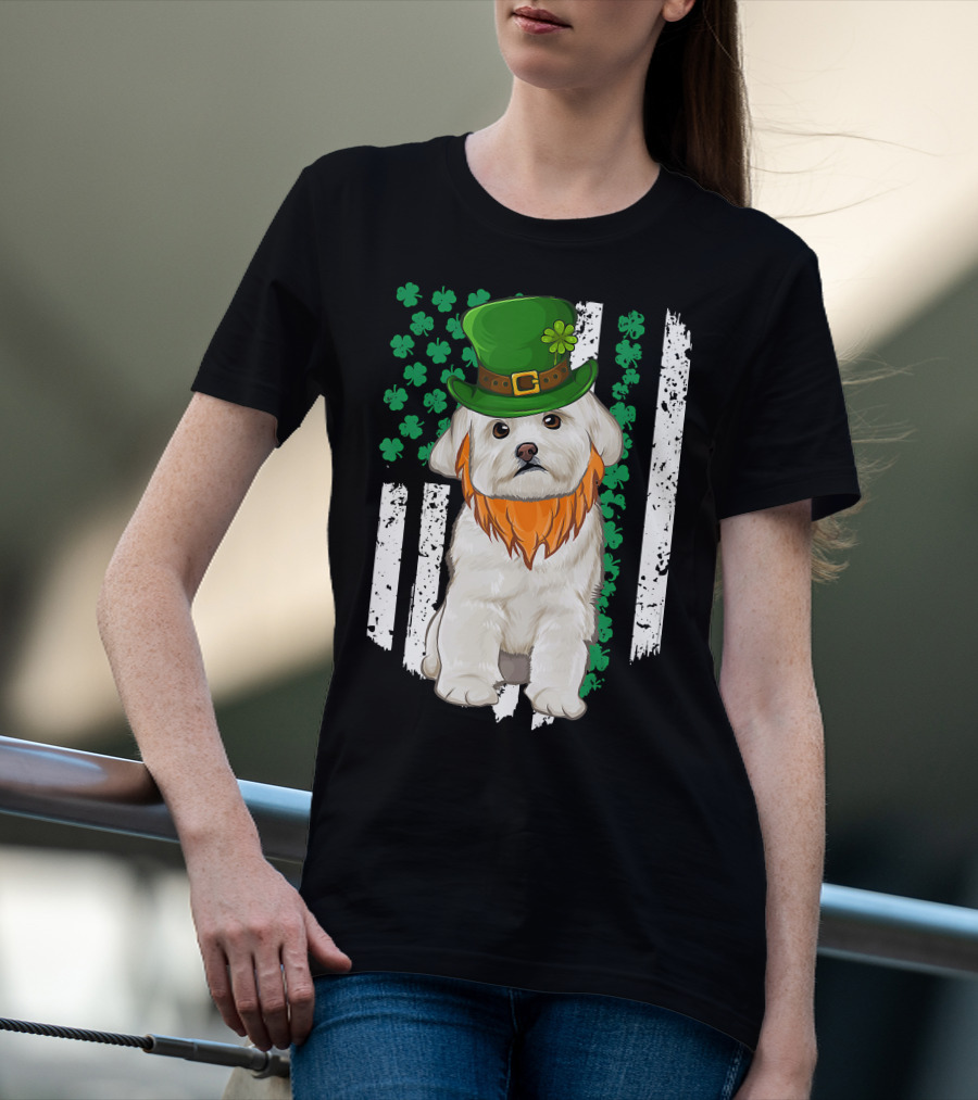 Maltese Dog With Leprechaun Hat And Shamrocks On Irish American Flag For St Patrick's Day T-Shirt