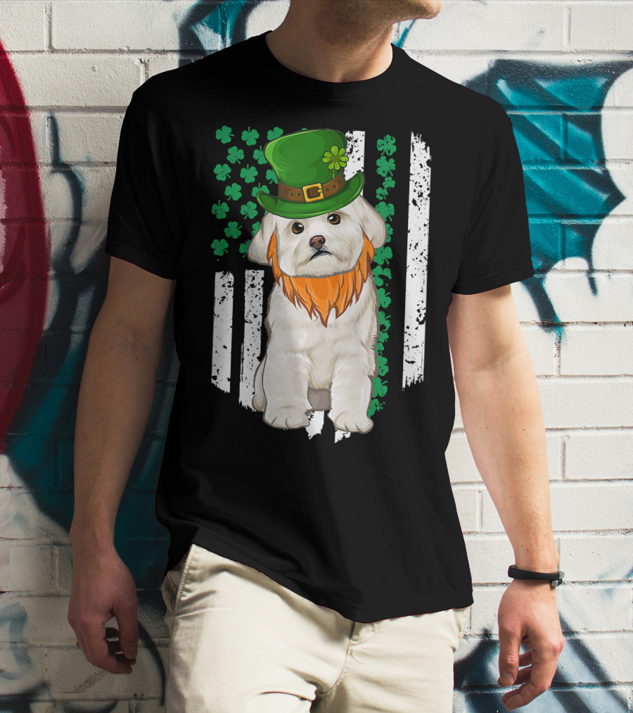 Maltese Dog With Leprechaun Hat And Shamrocks On Irish American Flag For St Patrick's Day T-Shirt