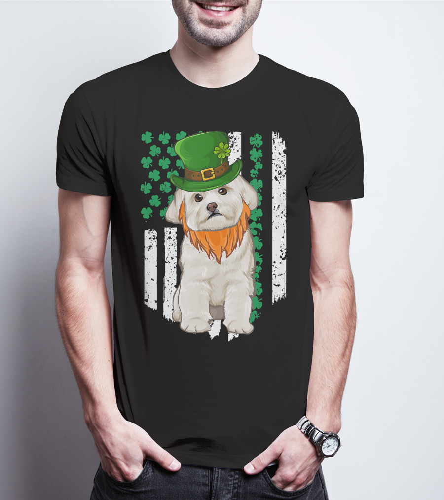 Maltese Dog With Leprechaun Hat And Shamrocks On Irish American Flag For St Patrick's Day T-Shirt