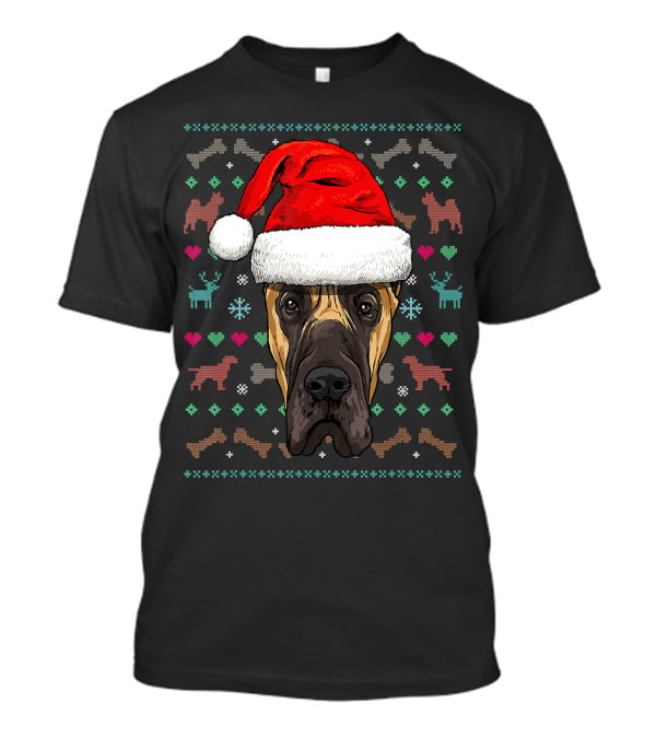 Great Dane Santa Hat Ugly Christmas Dog Reindeer Snowflake Hearts T-Shirt