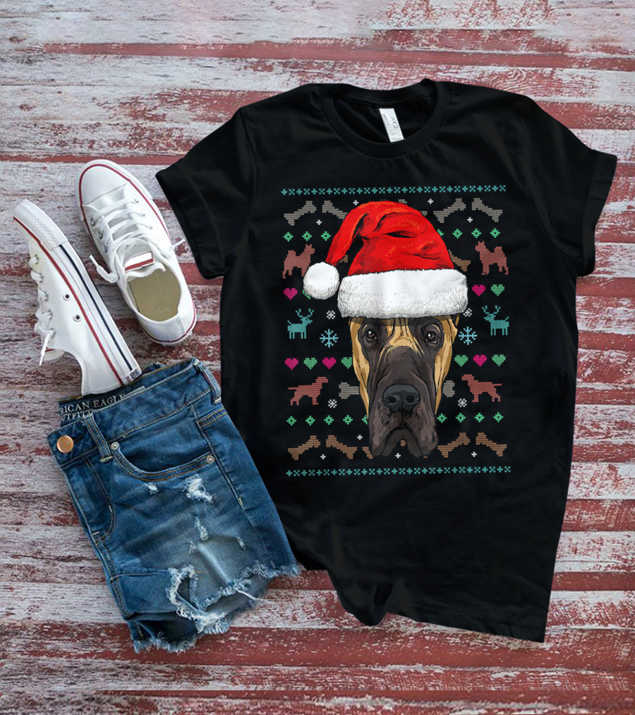 Great Dane Santa Hat Ugly Christmas Dog Reindeer Snowflake Hearts T-Shirt