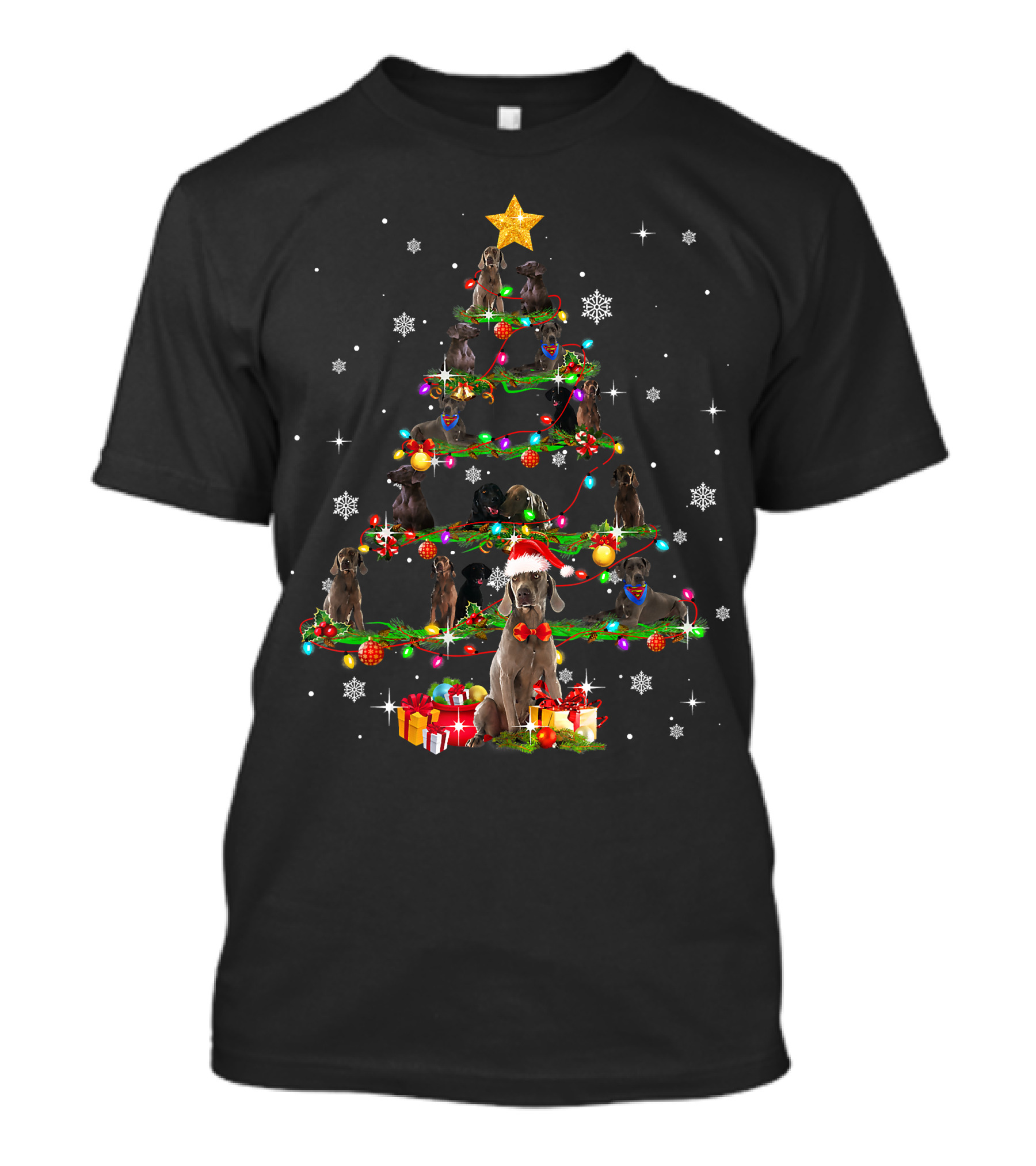 Weimaraner Christmas Tree Lights Santa Hat Paw Presents Snowflakes Star T-Shirt