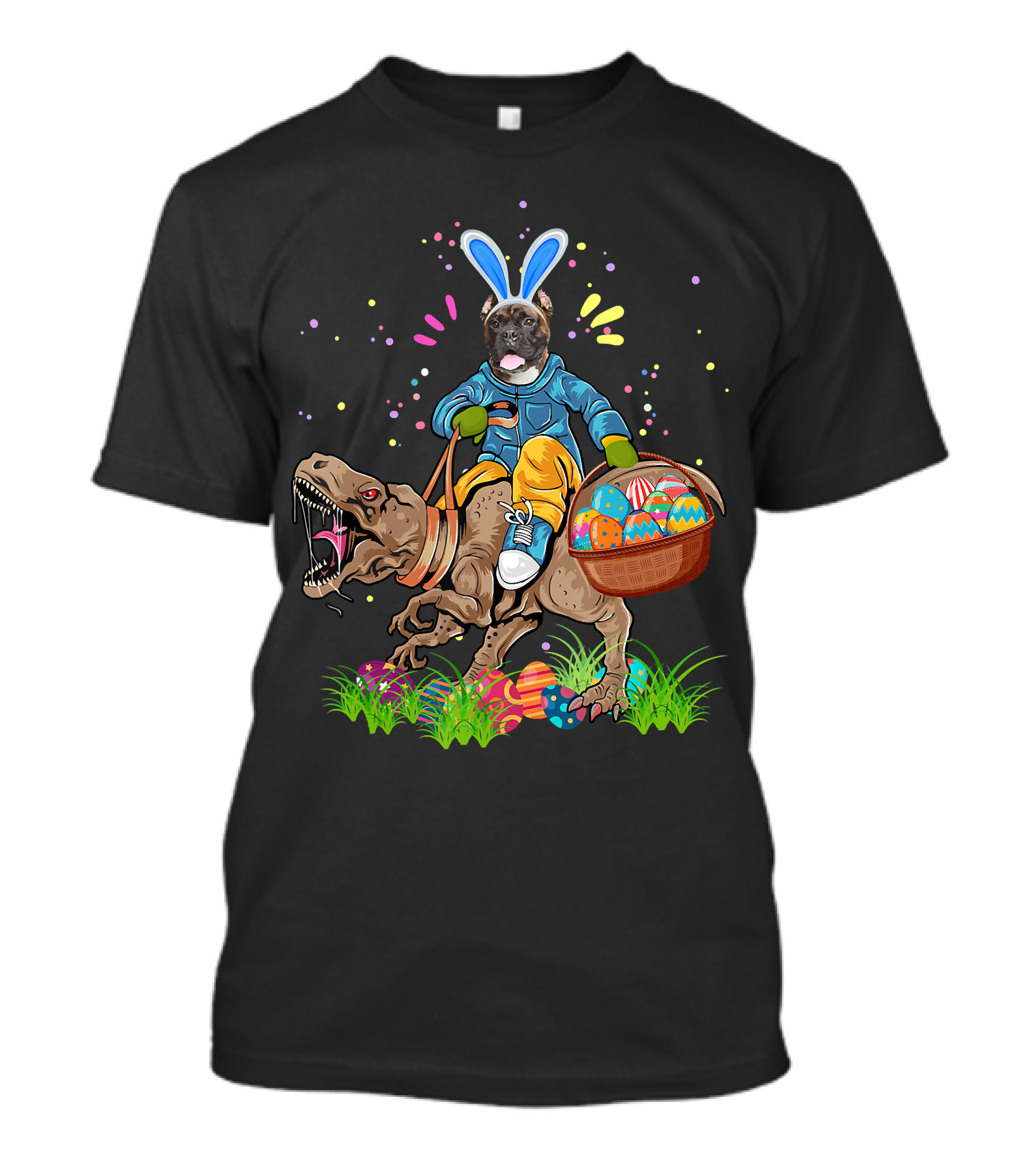 Bunny Boxer Dog Riding Rex Dinosaur With Easter Eggs Basket T-Shirt