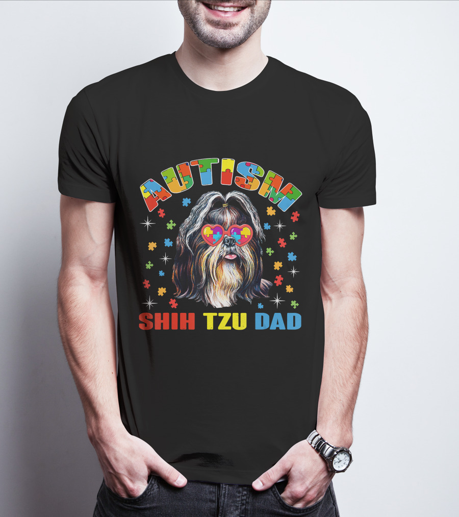 Autism Awareness Cute Shih Tzu Dog Dad With Puzzle Heart Glasses T-Shirt