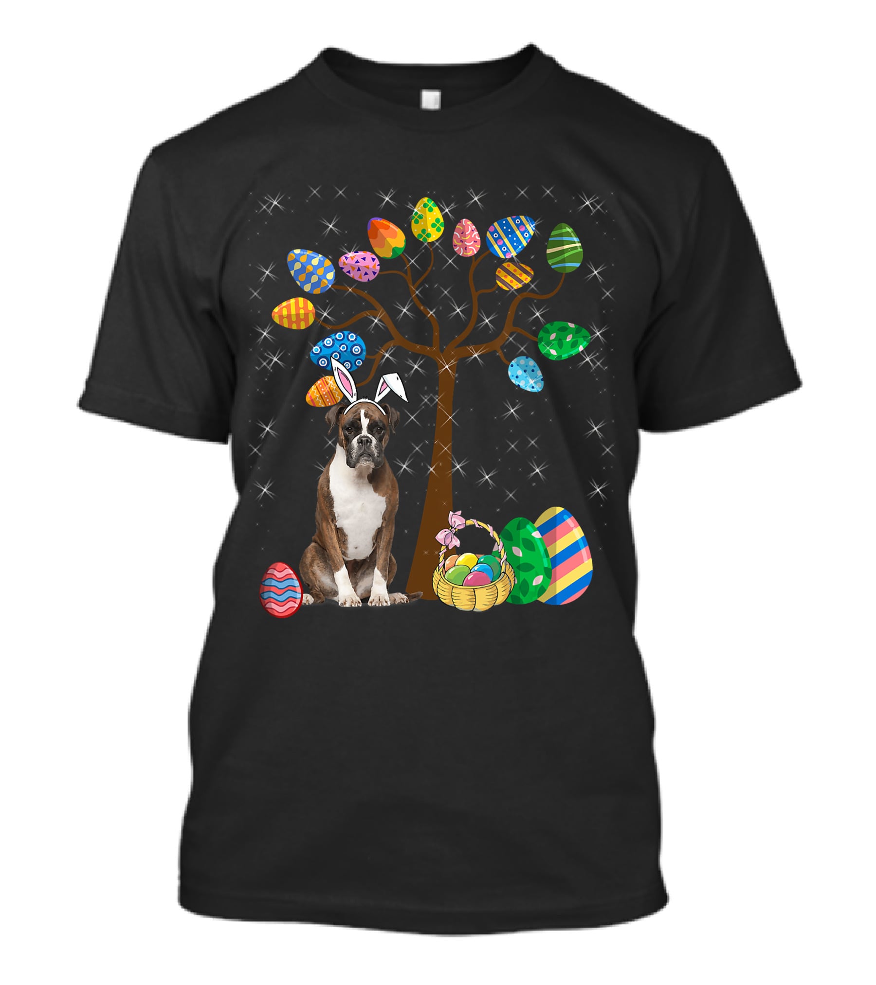 Boxer Dog With Easter Egg Tree And Bunny Ears For Easter Day T-Shirt