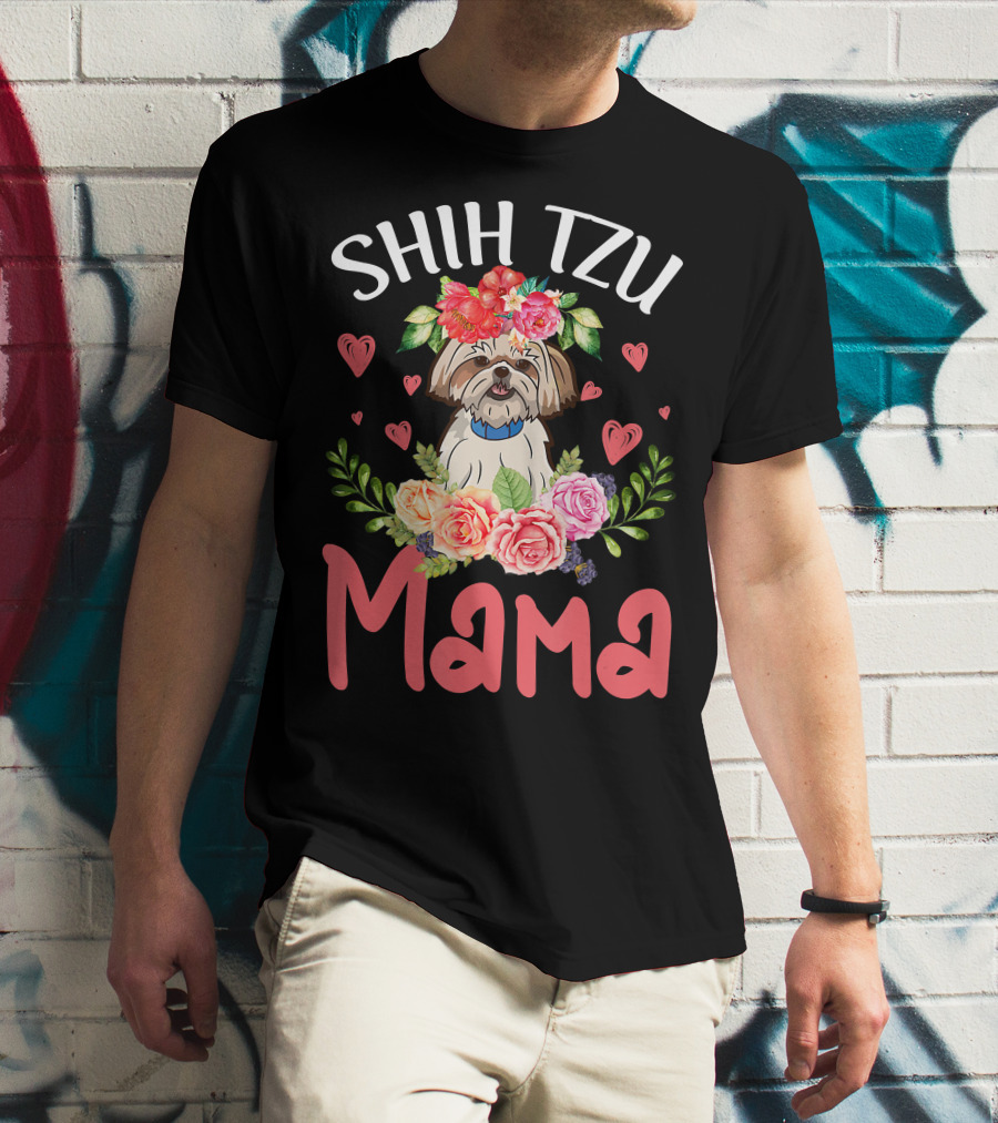 Shih Tzu Mama With Floral Heart Accents T-Shirt