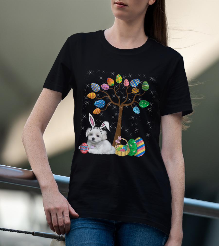 Maltese Dog With Bunny Ears Hunting Easter Eggs On Egg Tree T-Shirt
