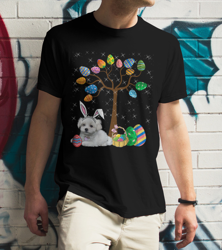 Maltese Dog With Bunny Ears Hunting Easter Eggs On Egg Tree T-Shirt