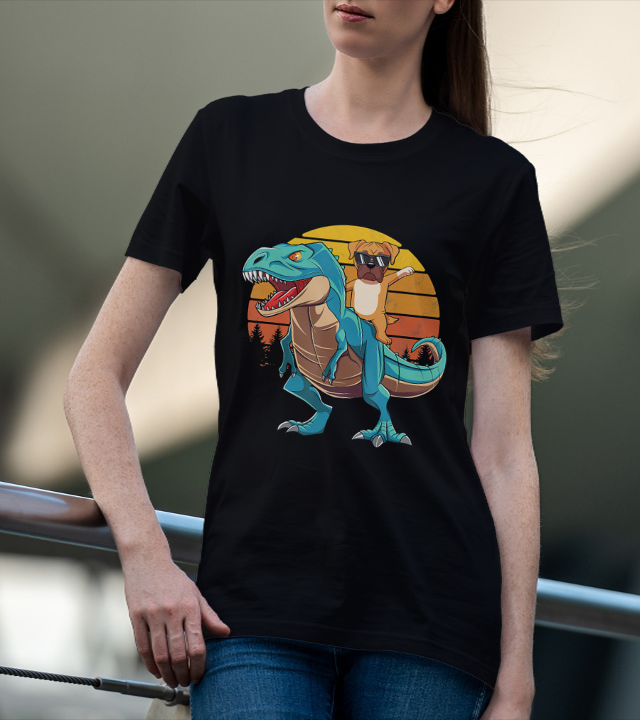Boxer Dog With Sunglasses Riding Blue T-Rex Against Sunset Background T-Shirt