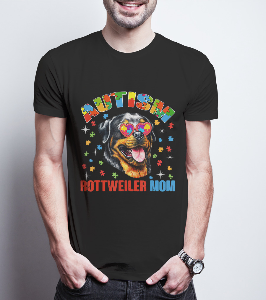 Rottweiler Mom Autism Awareness Puzzle Heart Glasses T-Shirt