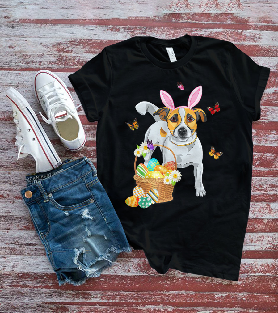 Cutes Jack Russell Bunny Ear With Butterflies And Easter Eggs In Basket T-Shirt