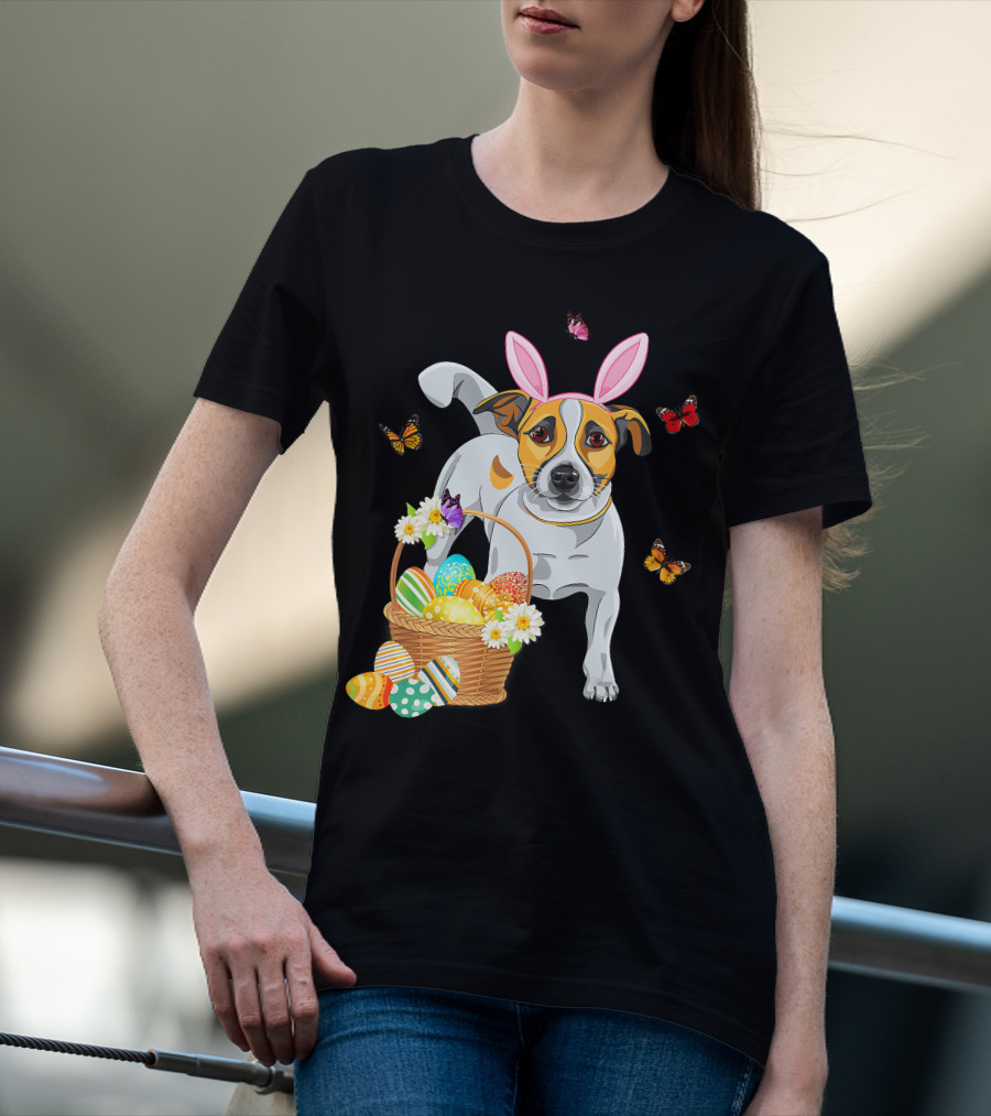 Cutes Jack Russell Bunny Ear With Butterflies And Easter Eggs In Basket T-Shirt