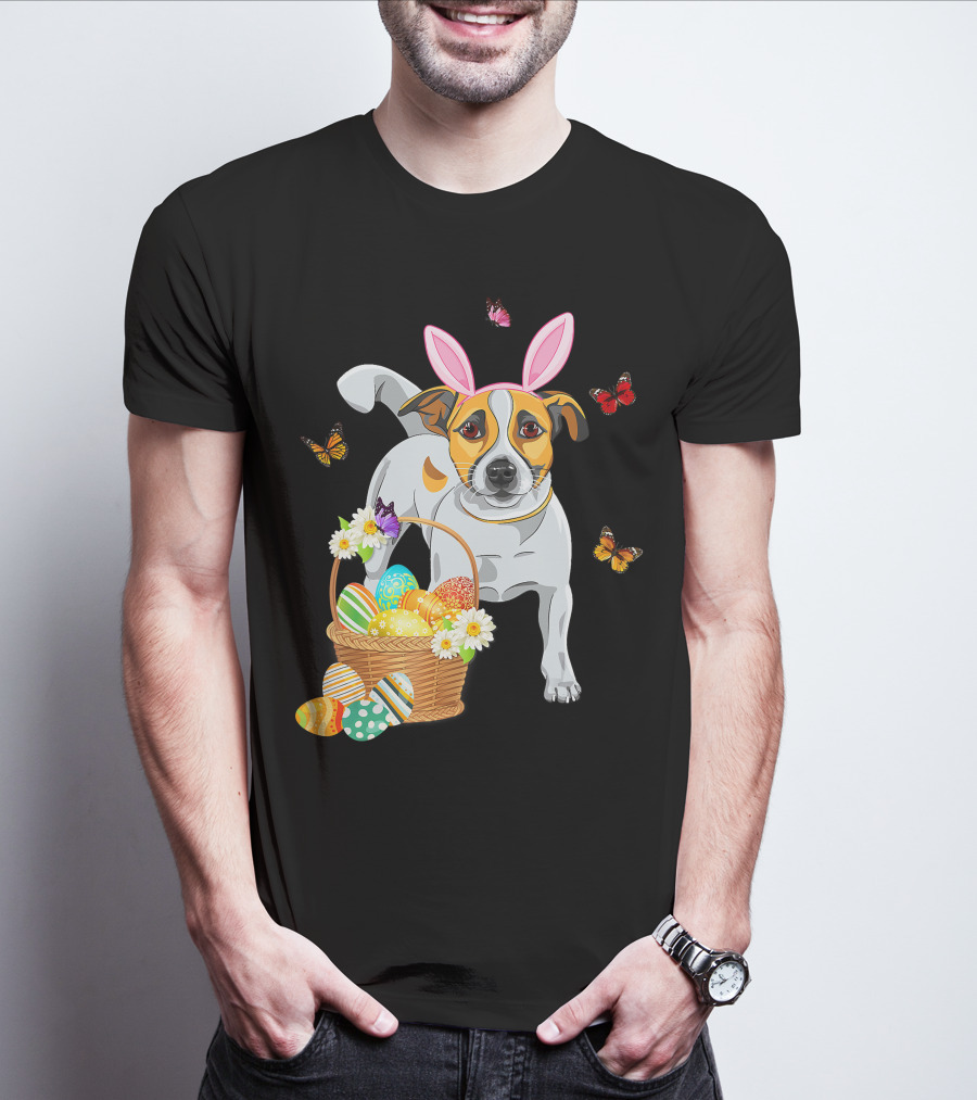 Cutes Jack Russell Bunny Ear With Butterflies And Easter Eggs In Basket T-Shirt