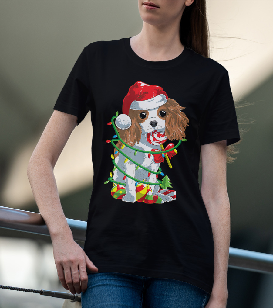 Cute Cavalier King Charles Spaniel Dog In Santa Hat With Christmas Lights And Candy Cane T-Shirt