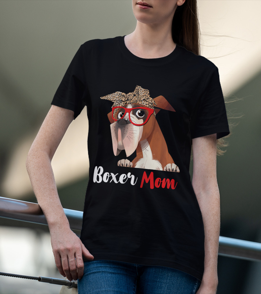 Boxer Mom With Red Glasses And Leopard Headband For Dog Lovers T-Shirt
