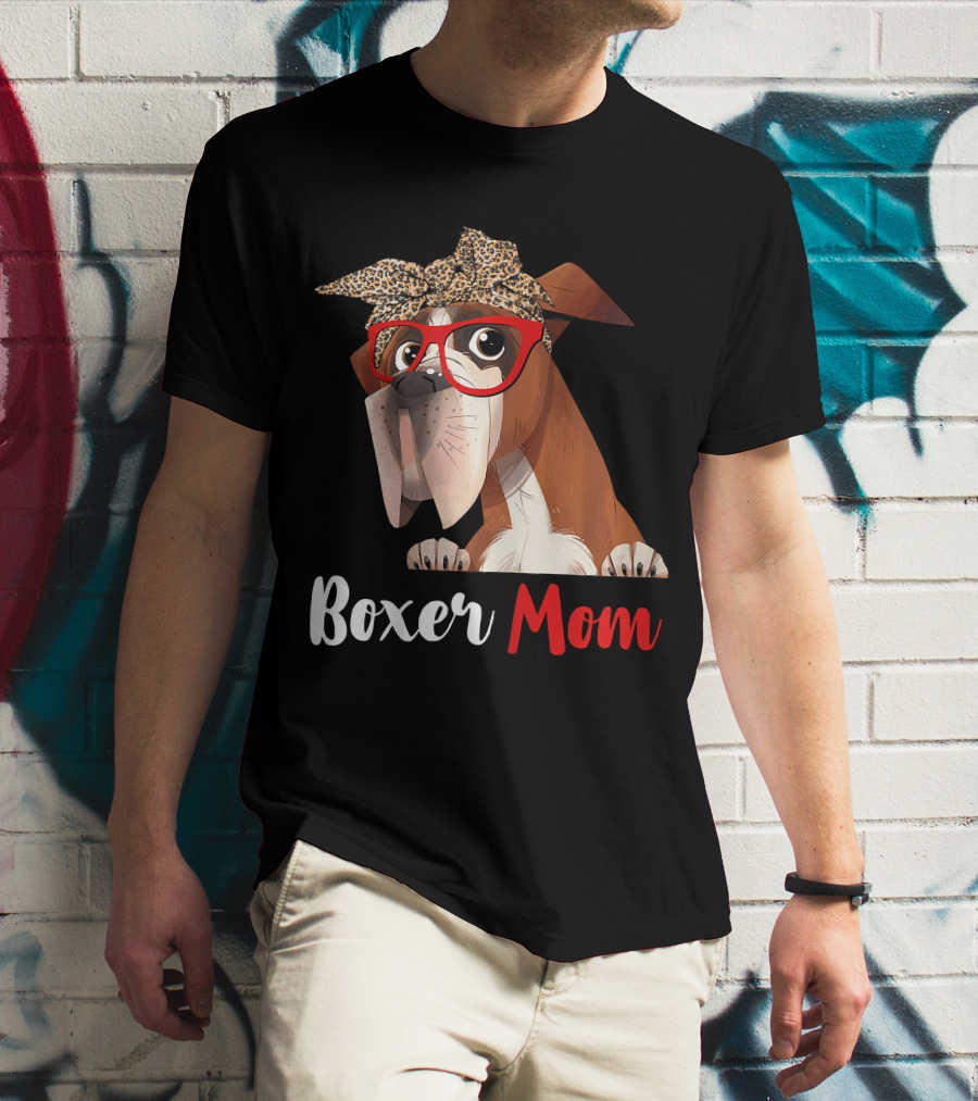 Boxer Mom With Red Glasses And Leopard Headband For Dog Lovers T-Shirt