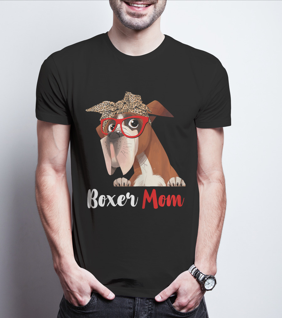 Boxer Mom With Red Glasses And Leopard Headband For Dog Lovers T-Shirt