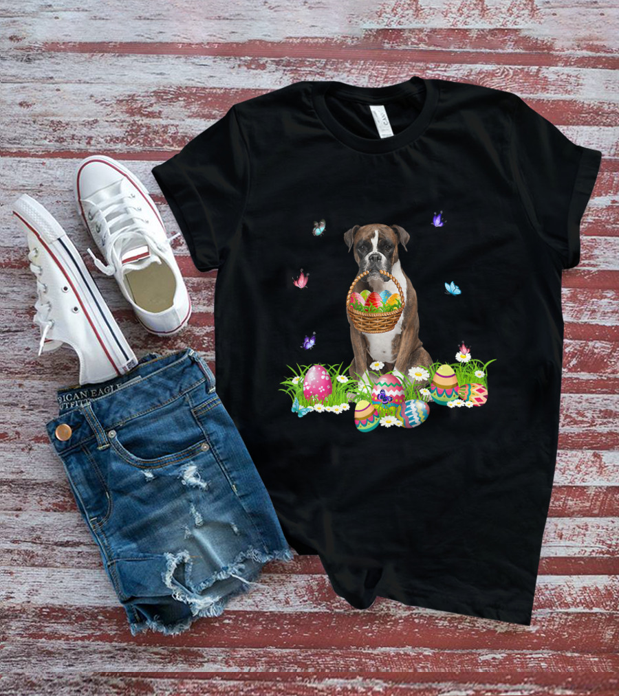 Boxer Dog Holding Easter Eggs Basket Surrounded By Butterflies And Flowers T-Shirt