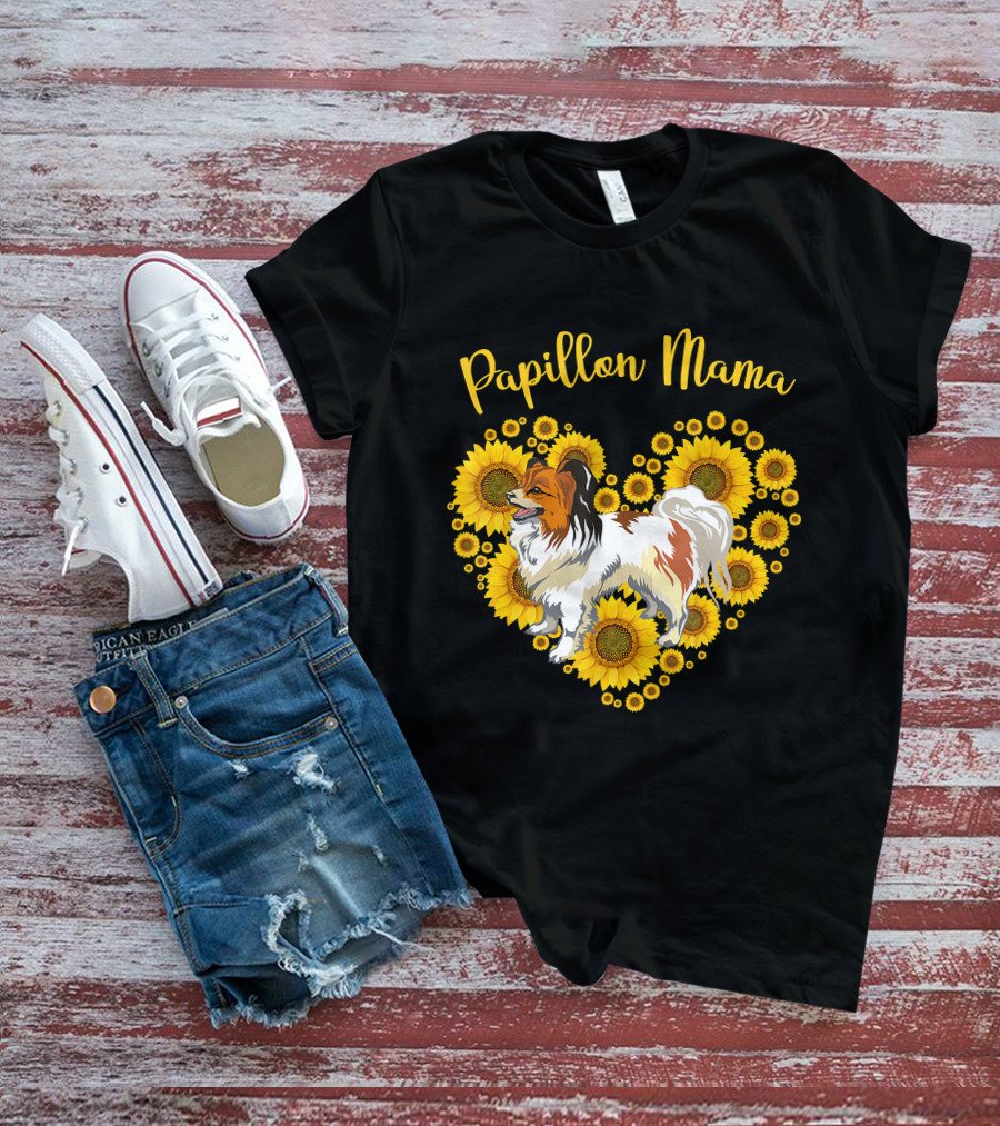 Papillon Mama Sunflower Heart T-Shirt