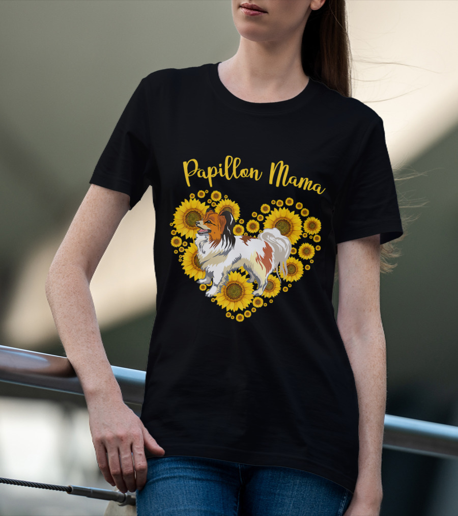 Papillon Mama Sunflower Heart T-Shirt