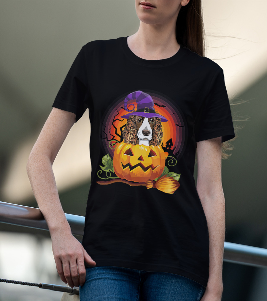 Dog Lover English Cocker Spaniel Witch Pumpkin Halloween Scene T-Shirt